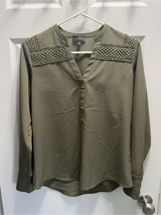 The Limited Tops - The Limited Olive Crochet Yoke V-Neck Blouse